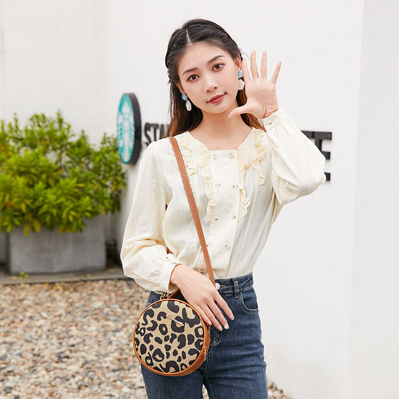 Wholesale PU Leopard Handle Shoulder Small Round Bag